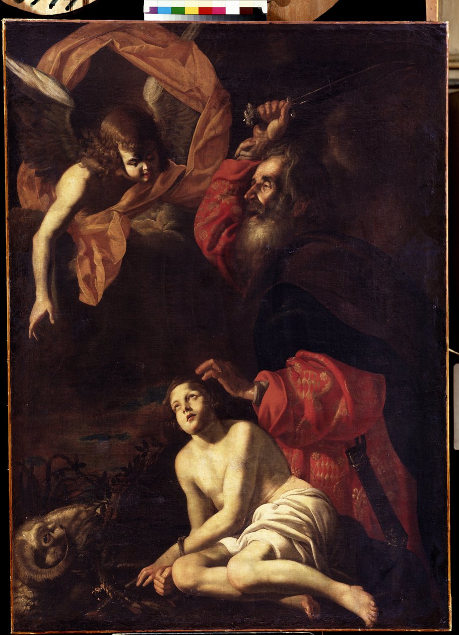 ""Abraham offrar Isak"" (Abrahams offer av Isaac) Ängeln håller Abrahams hand inför offret av sin son Isak. Till vänster baggen som Abraham ska döda istället. Målning av Giovanni Battista Caracciolo aka Battistello (1578-1635) 161 av Giovanni Battista Caracciolo
