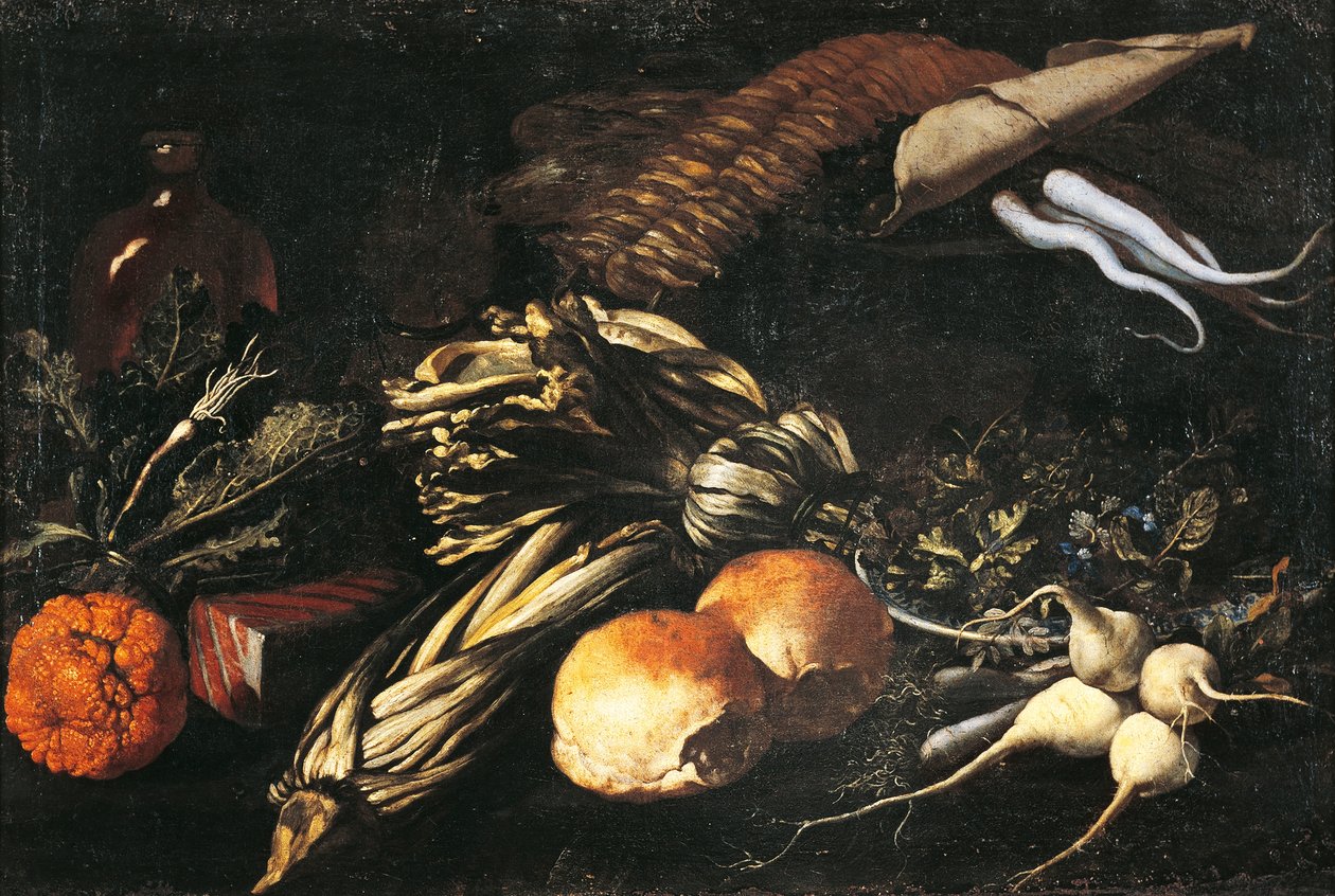 Stilleben med grönsaker (olja på duk) av Giovanni Battista Ruoppolo or Ruopolo