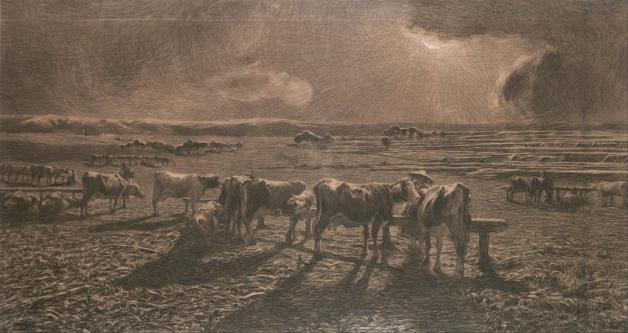 Evening (Grazing, Alla stanga) av Giovanni Segantini