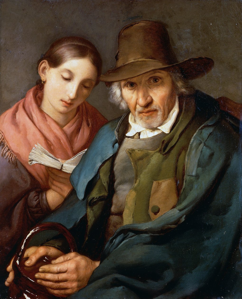 Figur av en äldre man som sitter med en ung allmoge som läser en bok, av Giovanni Carnovali känd som Piccio (1804-1873), olja på duk, 72x59 cm av Giovanni Carnovali