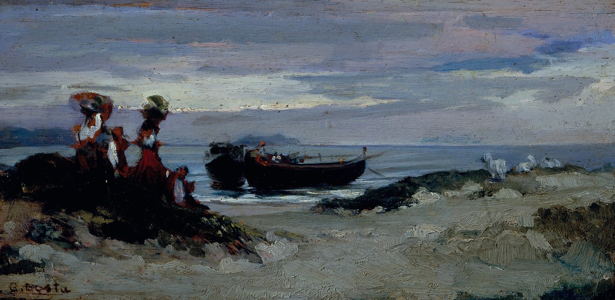 Kvinnor tar ombord trä på stranden i Anzio, ca 1852 (olja på pannå) av Giovanni (1826 1903) Costa