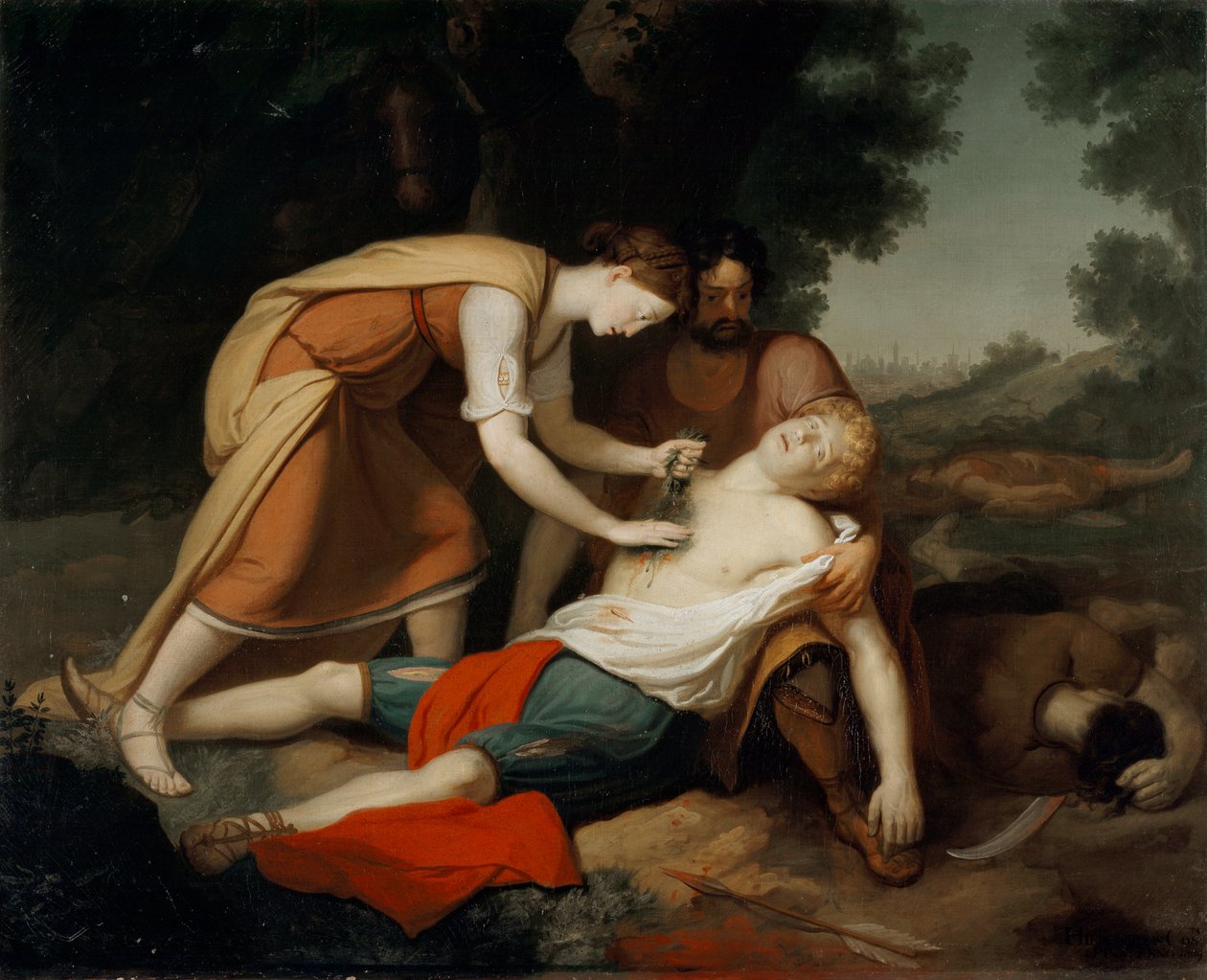 Erminia och Vafrino upptäcker den sårade Tancrede (låt 19 från Jerusalem levererad av Torquato Tasso) (Målning av Giovanni Costa
