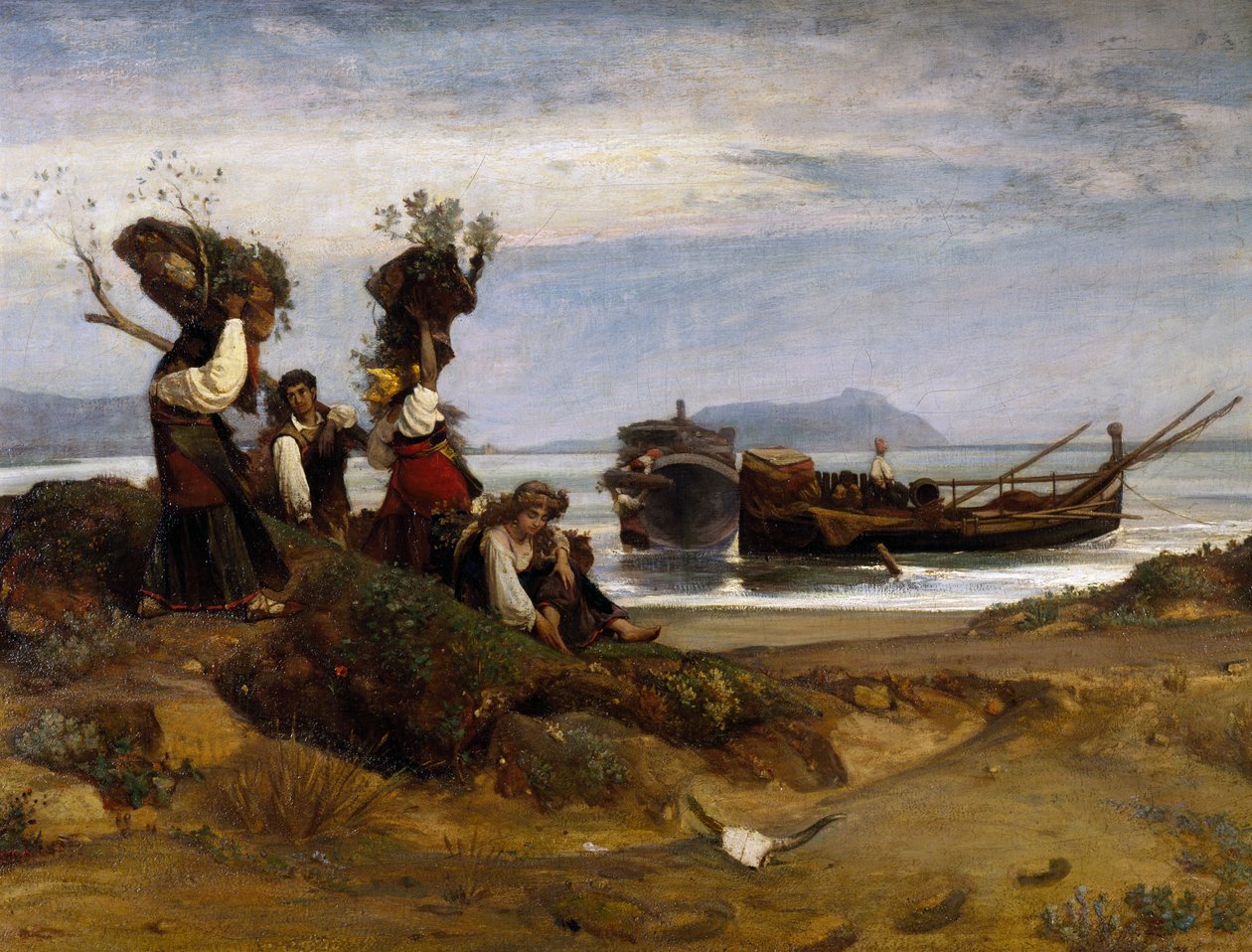 Kvinnor lastar ved i hamnen i Anzio av Giovanni Costa