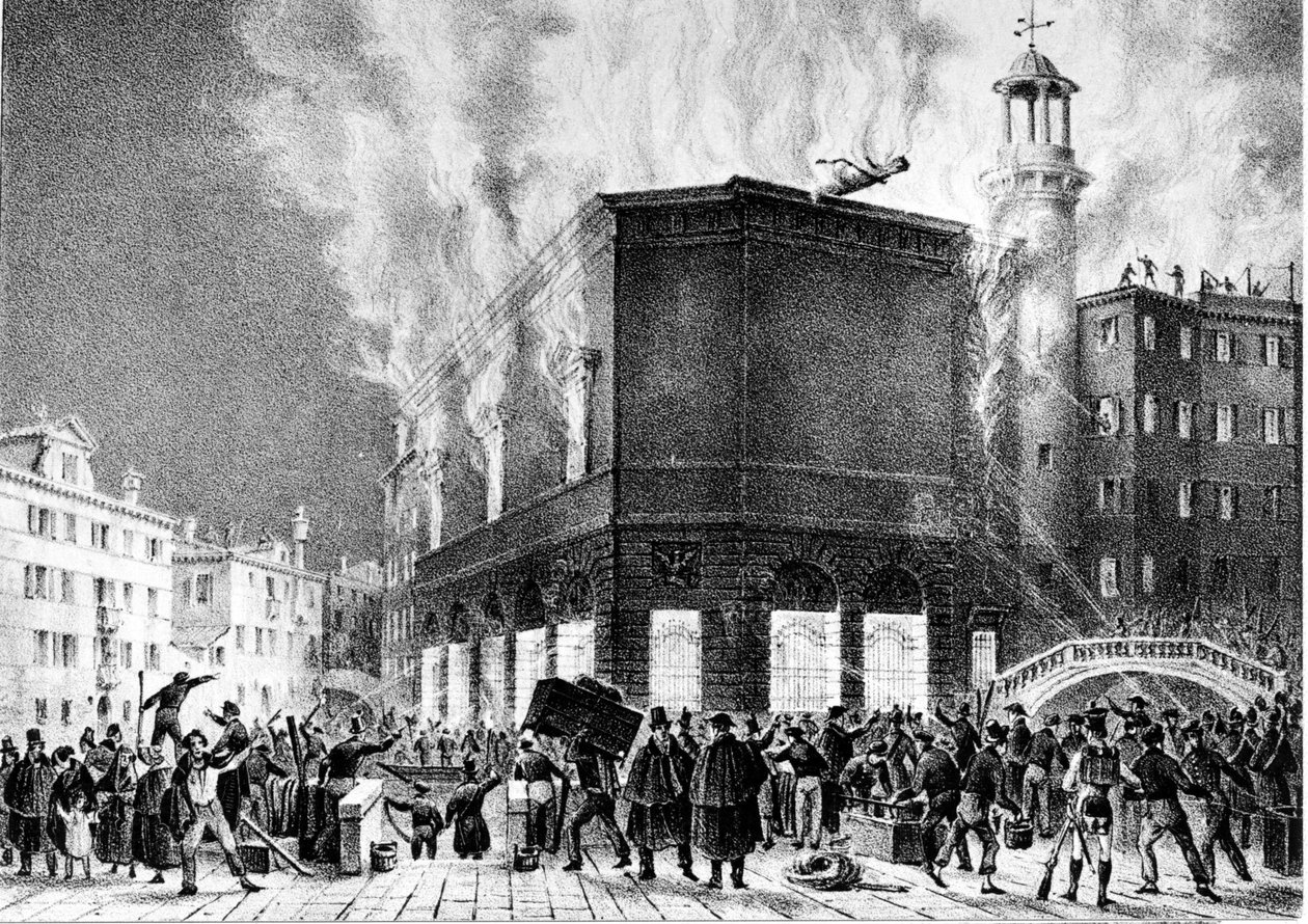 Elden på teatern La Fenice i Venedig, 1836. Gravyr av Giovanni Pividor. Milano, konservatoriet G. Verdi. av Giovanni (after) Pividor