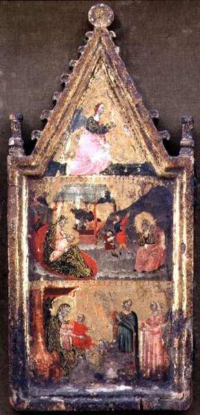 T-B: Bebådelsens ängel; Födelse och bebådelse till herdarna; The Adoration of the Magi, vänstra flygeln på en diptyk (tempera på panelen) av Giovanni (attr. to) Baronzio da Rimini