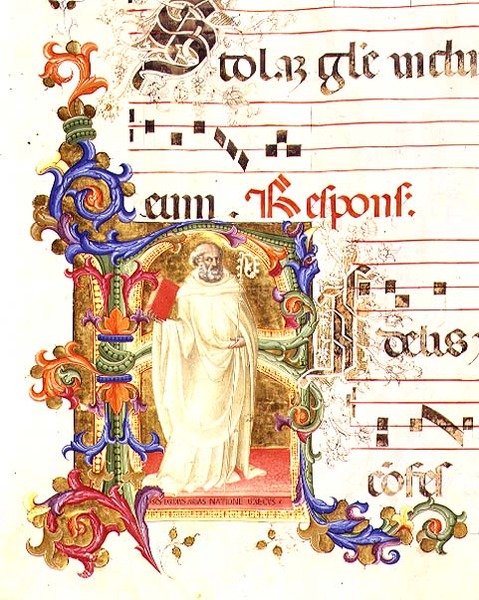 Ms 561 f.1r Historikert initial "R" som föreställer St. Eligius, från en efterföljande från klostret San Jacopo di Ripoli, tidigt 1300-tal av Giovanni (follower of) Cimabue