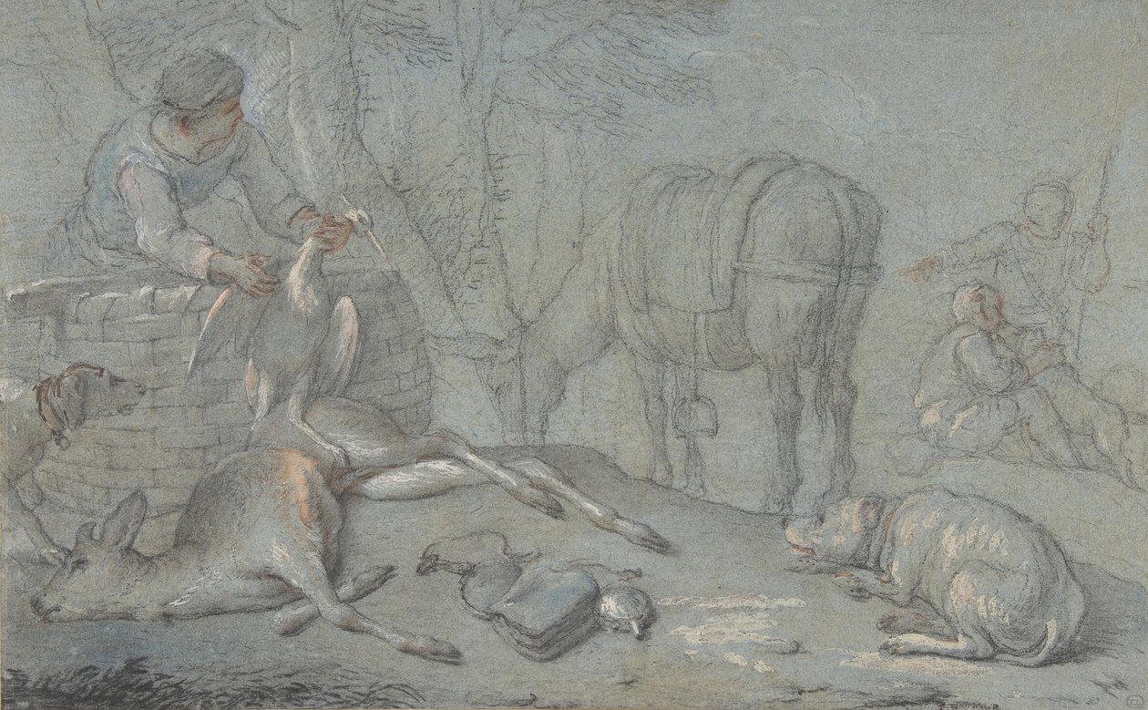 Jägare med dött vilt i ett landskap, 1600-1800. av Giovanni Agostino Cassana