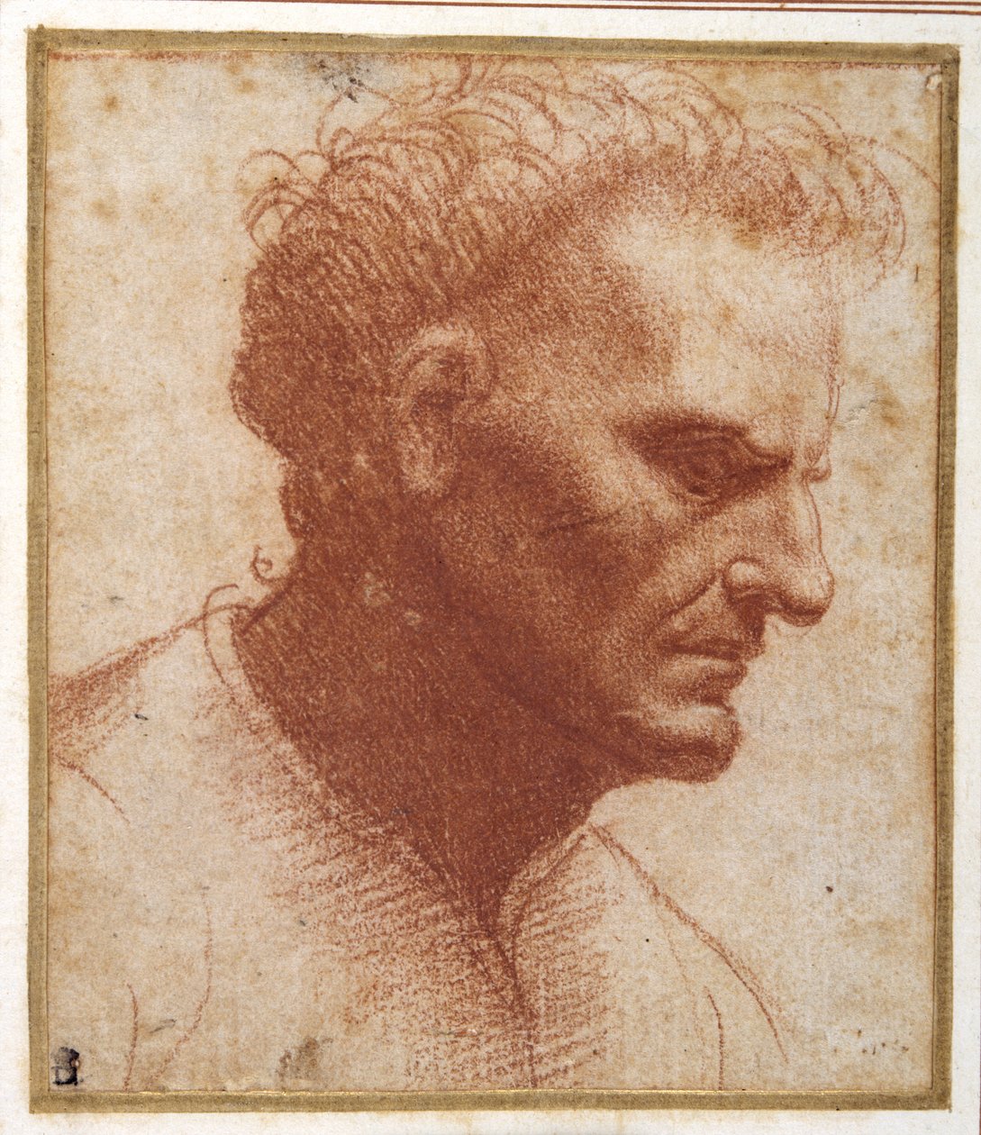 Huvudet på en skägglös man tittar nedåt (röd krita på papper) av Giovanni Agostino da Lodi