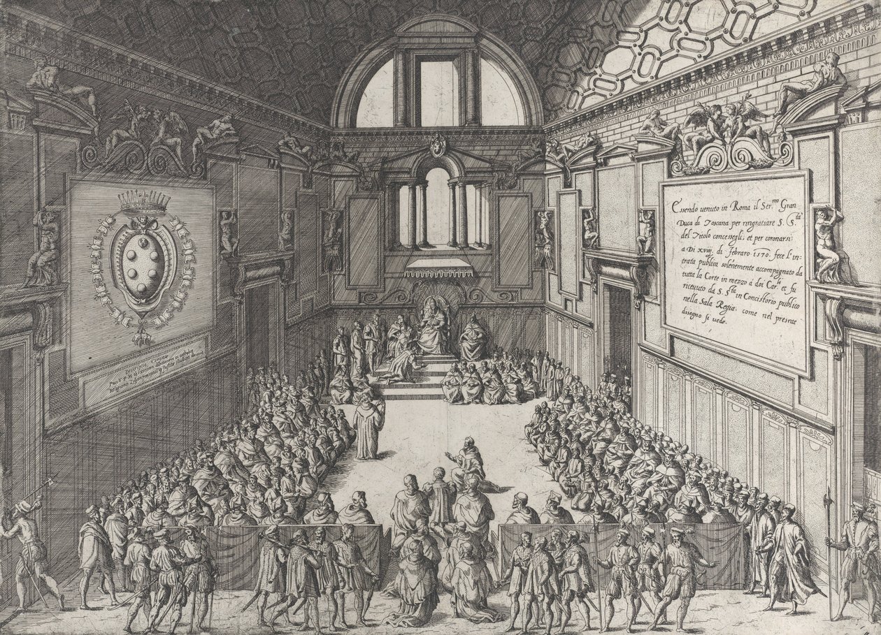Publik ges av påven Pius V till Cosimo I, hertig av Toscana, 1575-99. av Giovanni Ambrogio Brambilla