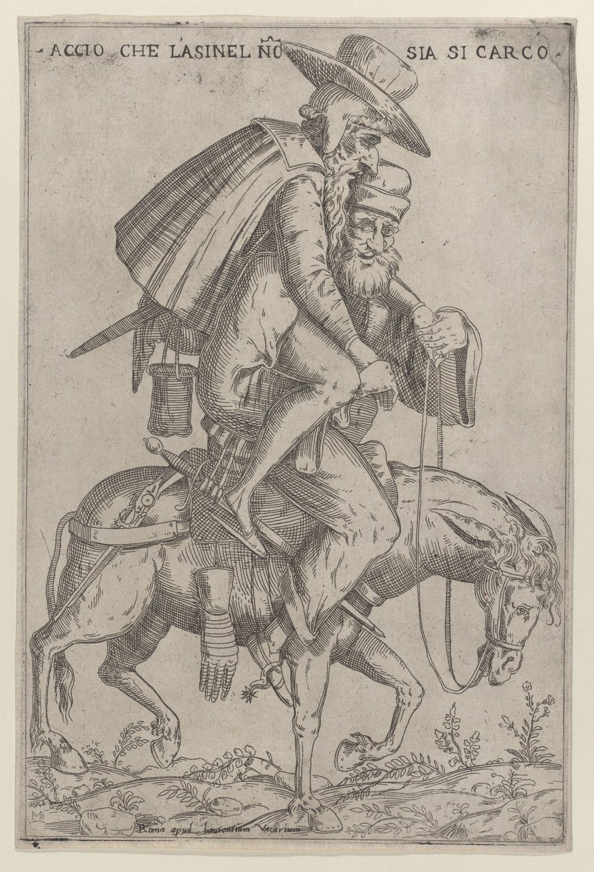 Karikatyr med två män på en mula, 1575-99. av Giovanni Ambrogio Brambilla