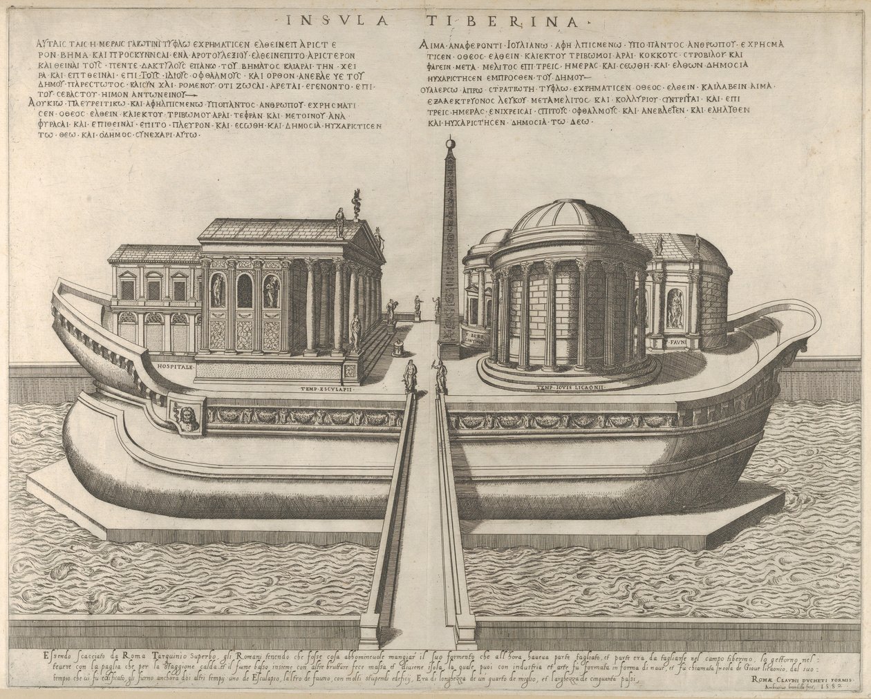 Utsikt över Tiberön representerad som ett skepp, Aesculapius tempel till vänster, 1582., 1582. av Giovanni Ambrogio Brambilla