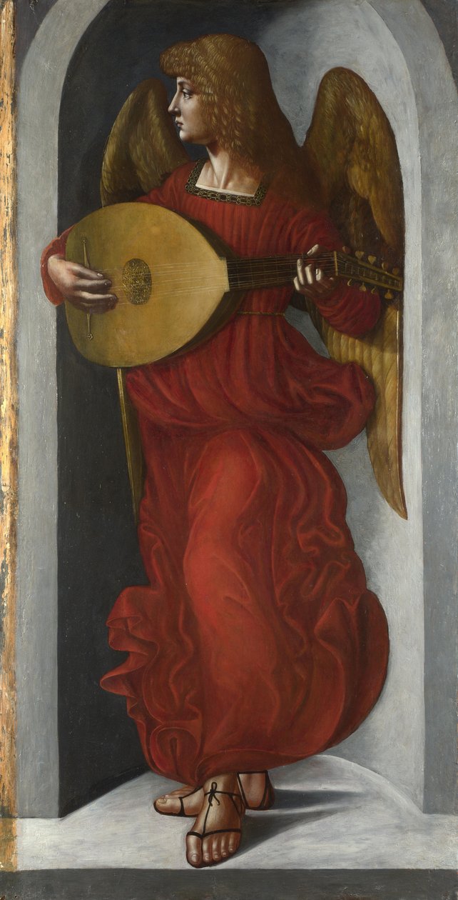 En ängel i rött med en lut, ca. 1490-1499 av Giovanni Ambrogio de Predis