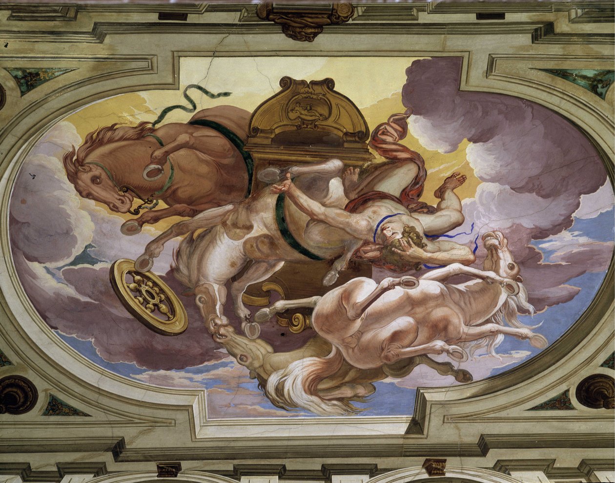 Phaetons fall (Phaethon) och hans himmelska vagn orsakat av Zeus ilska - Fresker i trompe l