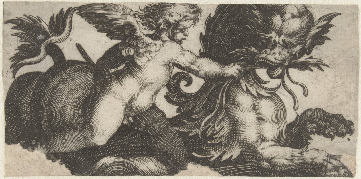 Putto matar ett havsmonster med ett löv Friser med havsmonster (serietitel) av Giovanni Andrea Maglioli