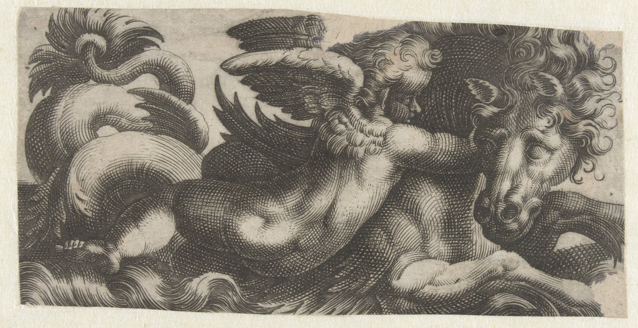 Sjöhäst med en putto runt halsen Friser med havsmonster (serietitel) av Giovanni Andrea Maglioli