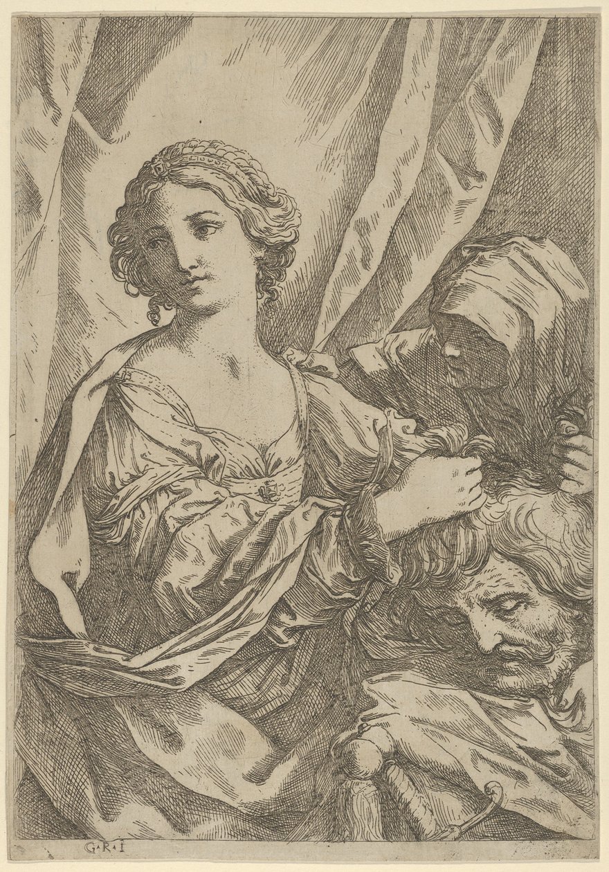 Judith greppar Holofernes huvud i håret och tittar åt vänster, en gammal kvinna, 1600-1640. av Giovanni Andrea Sirani