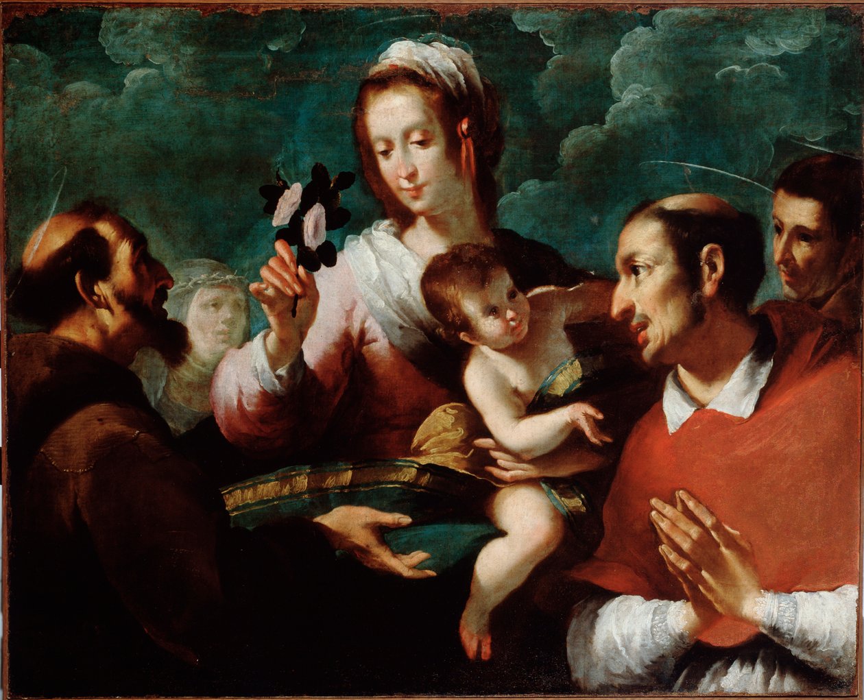 Jungfru och barn med Charles Borromee (Jungfru och barn med den helige Carlo Borromeo) Målning av Giovanni Andrea de Ferrari (ca 1598-1669) Genes, Musei di Strada Nuova (ex Palazzo Bianco) av Giovanni Andrea di Ferrari