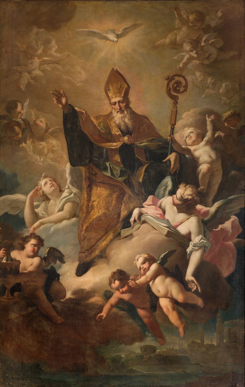 Södra tvärskeppet, San Benedettos altare, Sankt Benedictus i Gloria medan han välsignade staden, Altartavla av Giovanni Angelo Borroni, San Benedetto i Gloria medan han välsignade staden 1744 av Giovanni Angelo Borroni
