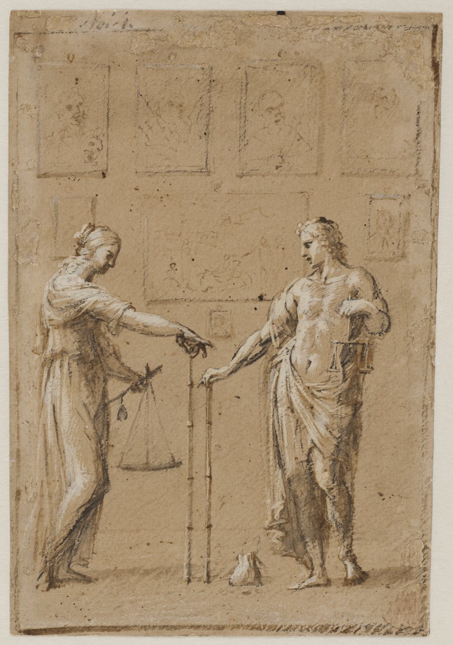 En man och en kvinna i antika dräkter med varsin våg och linjal framför en vägg med målningar. En handväska på golvet framför mannen av Giovanni Angelo Canini