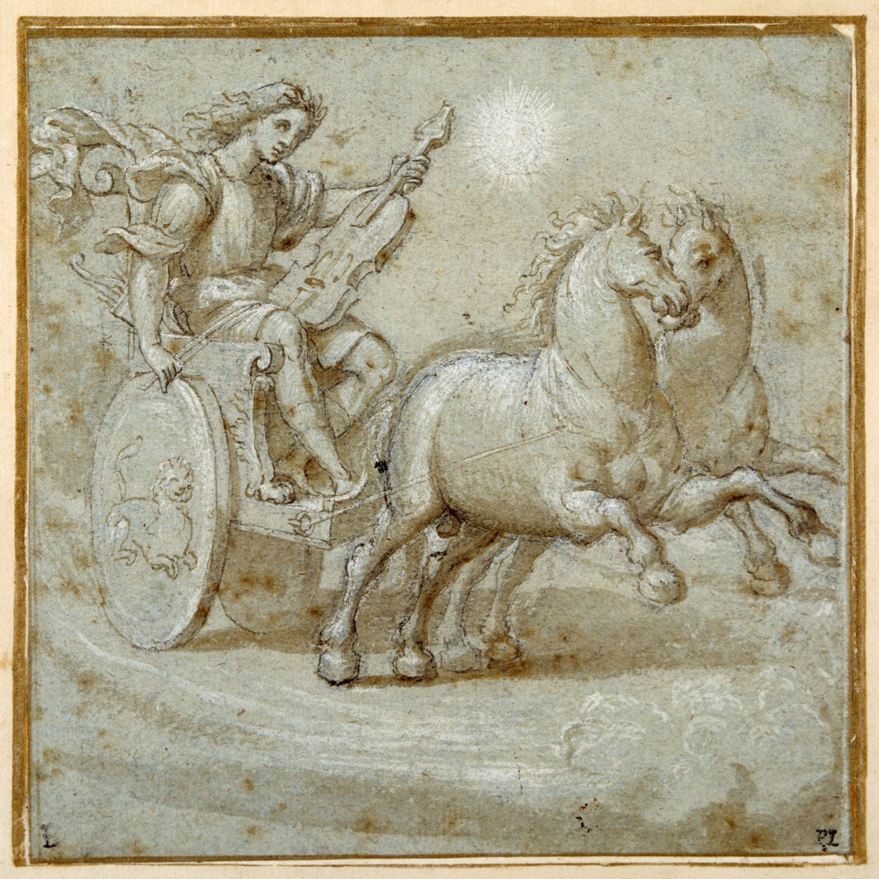 Apollo sittande i sin vagn med sin viol (svart krita, penna & brunt bläck med brun tvätt förhöjd med vit kroppsfärg på carta azzurra) av Giovanni Antonio (circle of) Pordenone