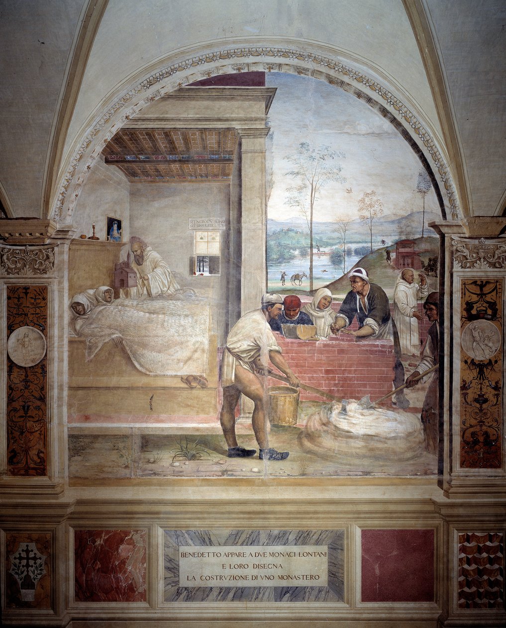 Benedict uppenbarar sig för två munkar och presenterar dem projektet av en klosterfresk av kloster, gjord av Antonio Bazzi dit il Sodoma (1477 - 1549) som berättar om livet för den helige Benediktus av Nursie (480 - 567) grundare av Benediktinerorden 1503  av Giovanni Antonio Bazzi Sodoma