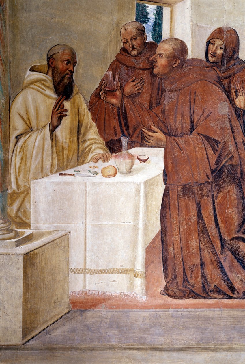 Benedictus bryter ett glas förgiftat vin genom att göra korsets tecken. Detaljfresk av klädseln gjord av Giovan Antonio Bazzi di Sodoma (1477-1549) som berättar om livet för den helige Benediktus av Nursia (480 - 567) grundare av Benediktinerorden 1505-15 av Giovanni Antonio Bazzi Sodoma