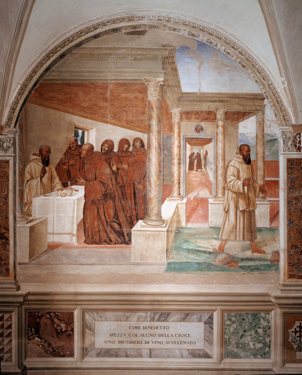 Benedictus bryter ett glas förgiftat vin och gör tecknet på korsfresken på klädseln gjord av Antonio Bazzi dit il Sodoma (1477 - 1549) och berättar om livet för Saint Benedict of Nursie (480 - 567) grundare av Benediktinerorden 1503 - 1508 Abbey av Giovanni Antonio Bazzi Sodoma