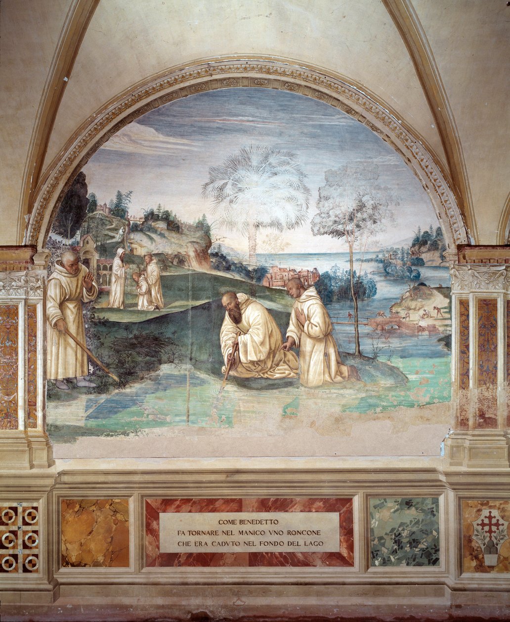 Benedictus får en skära föll i sjöfresken av klädseln gjord av Giovan Antonio Bazzi di Sodoma (1477-1549) som berättar om livet för Saint Benedict of Nursie (480 - 567) grundare av Benediktinerorden 1505-1508 Abbey of Monte Oliveto Maggiore, Fl av Giovanni Antonio Bazzi Sodoma