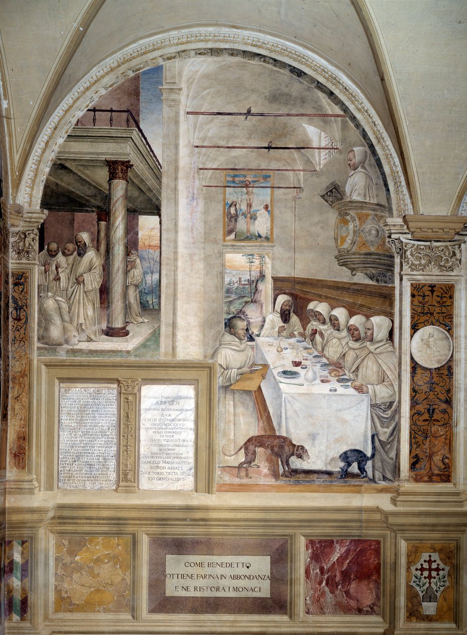 Benedict får mjöl i överflöd och matar munkarnas fresk av klostret gjord av Antonio Bazzi dit il Sodoma (1477 - 1549) som berättar om livet för Saint Benedict of Nursie (480 - 567) grundare av Benediktinerorden 1503 - 1508 Abbey Oliveto av Giovanni Antonio Bazzi Sodoma