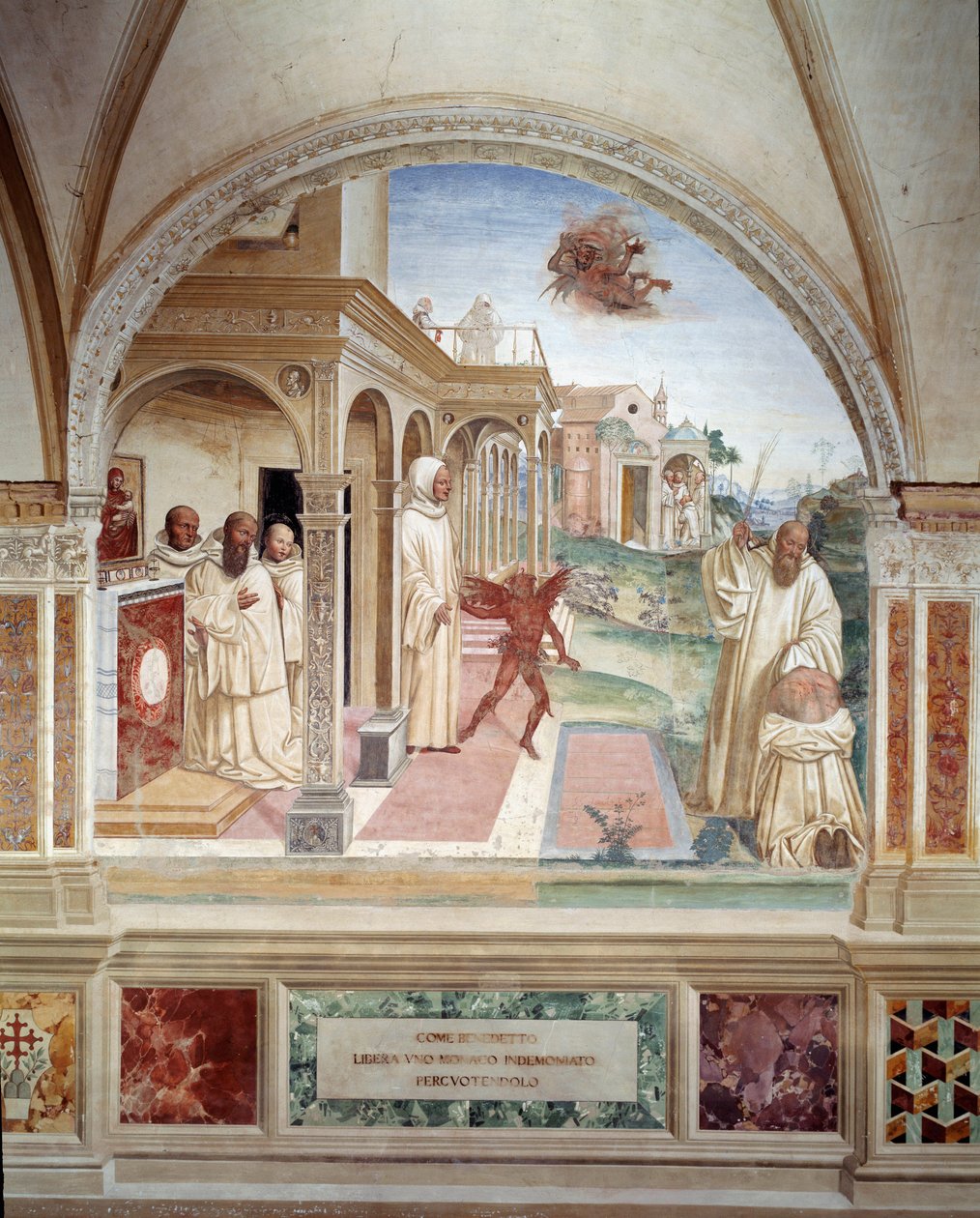 Benoit befriar en munk besatt av en demon (den helige Benedictus befriar en man som är besatt av djävulen) fresk av klädseln gjord av Antonio Bazzi dit il Sodoma (1477 - 1549) som berättar om livet för Saint Benedict of Nursie (480 - 567) grundare av Bened av Giovanni Antonio Bazzi Sodoma