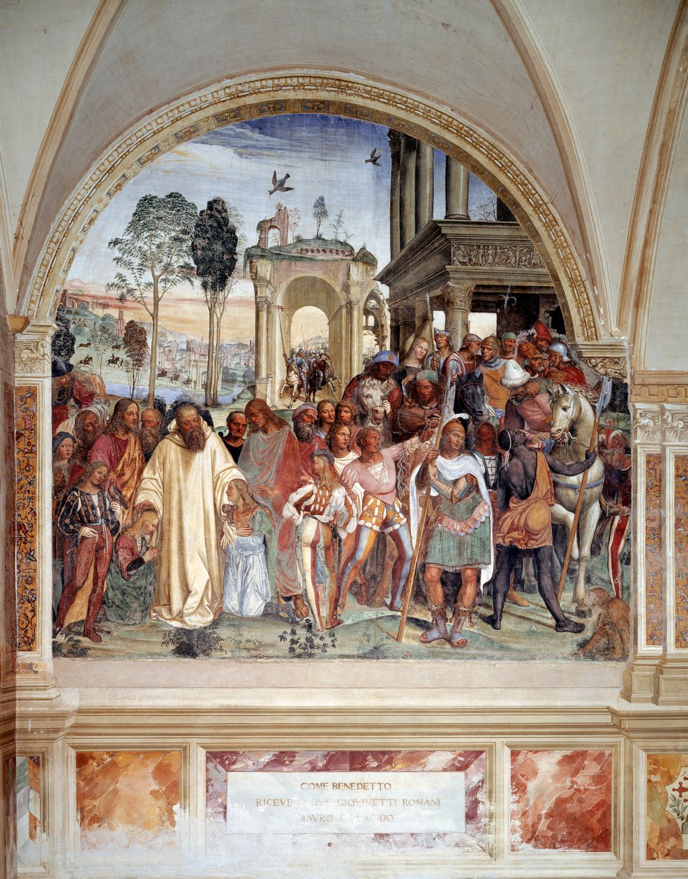 Benoit tar emot två unga romare Maur och Placide (den helige Benedictus tar emot de två romanpojkarna Mauro och Placido) Fresk av klostret gjord av Antonio Bazzi dit il Sodoma (1477 - 1549) som berättar om livet för Saint Benedict of Nursie (480 - 567) gru av Giovanni Antonio Bazzi Sodoma