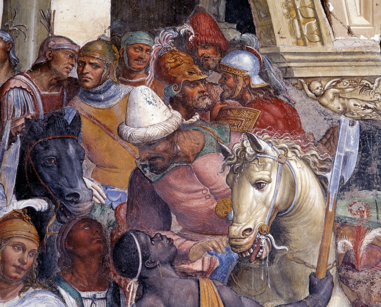 Kommentar Benedict möter de två unga romarna Maur och Placid (St. Benedict möter den unga romanen Maurus och Placid) Detaljfresk av klostret gjord av Antonio Bazzi dit il Sodoma (1477 - 1549) som berättar om den helige Benediktus av Nursies liv (480 - 567) av Giovanni Antonio Bazzi Sodoma