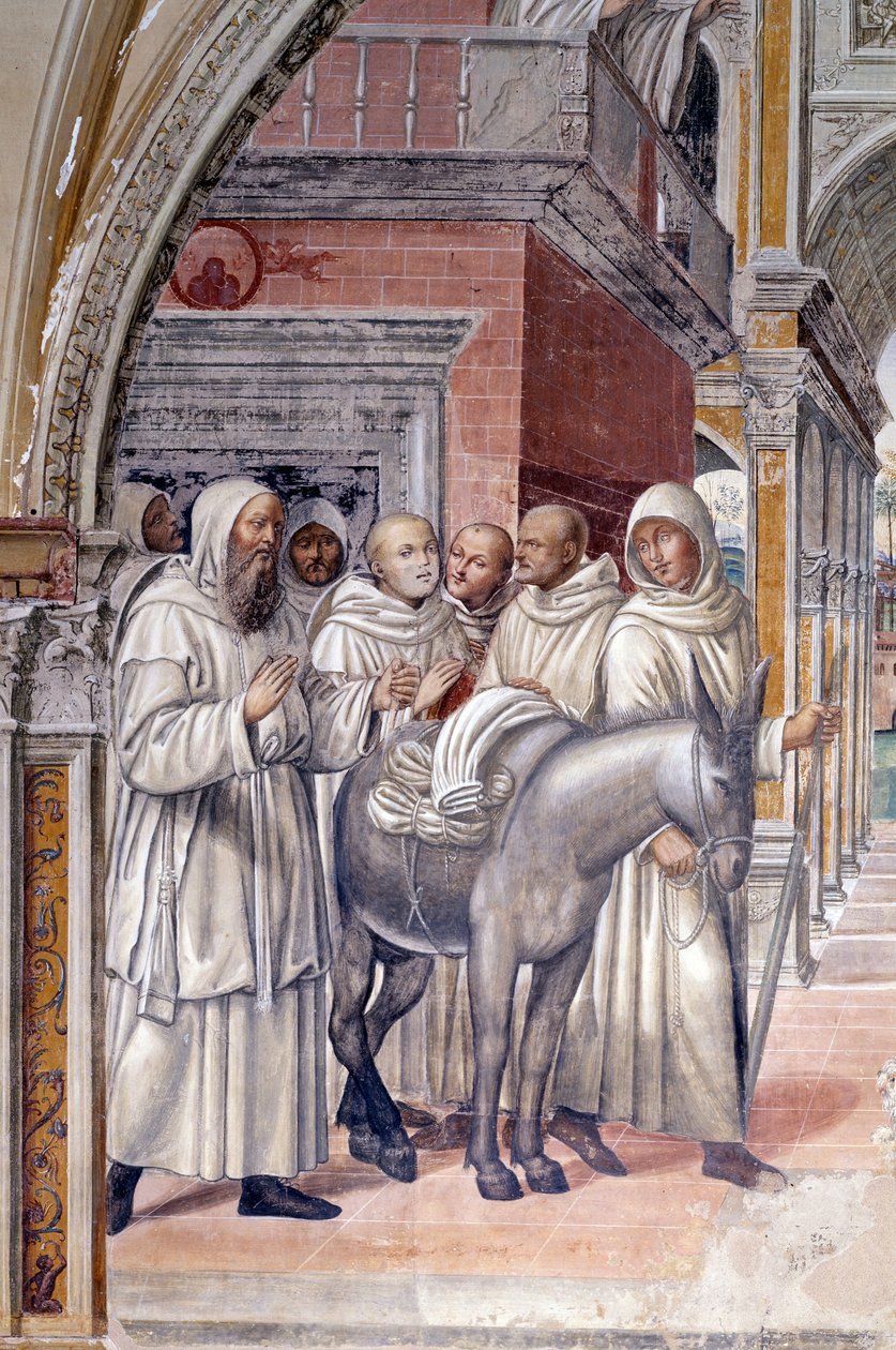 Florent skickade prostituerade till klostret (Florenzo skickar kurtisaner till klostret St. Benedictus) Detaljfresk av klosterbrodern realiserad av Antonio Bazzi dit il Sodoma (1477 - 1549) som berättar om livet för Saint Benedictus (480 - 567) ordensgrund av Giovanni Antonio Bazzi Sodoma