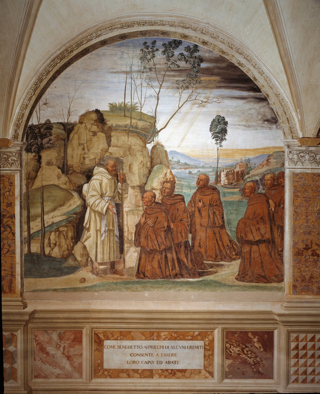 Hur Benedictus svarar på eremiternas bön och går med på att vara deras ledare Fresco of the Cloitre realiserad av Antonio Bazzi dit il Sodoma (1477 - 1549) som berättar om livet för Saint Benedict of Nursie (480 - 567) grundare av Benediktinerorden 1503 av Giovanni Antonio Bazzi Sodoma