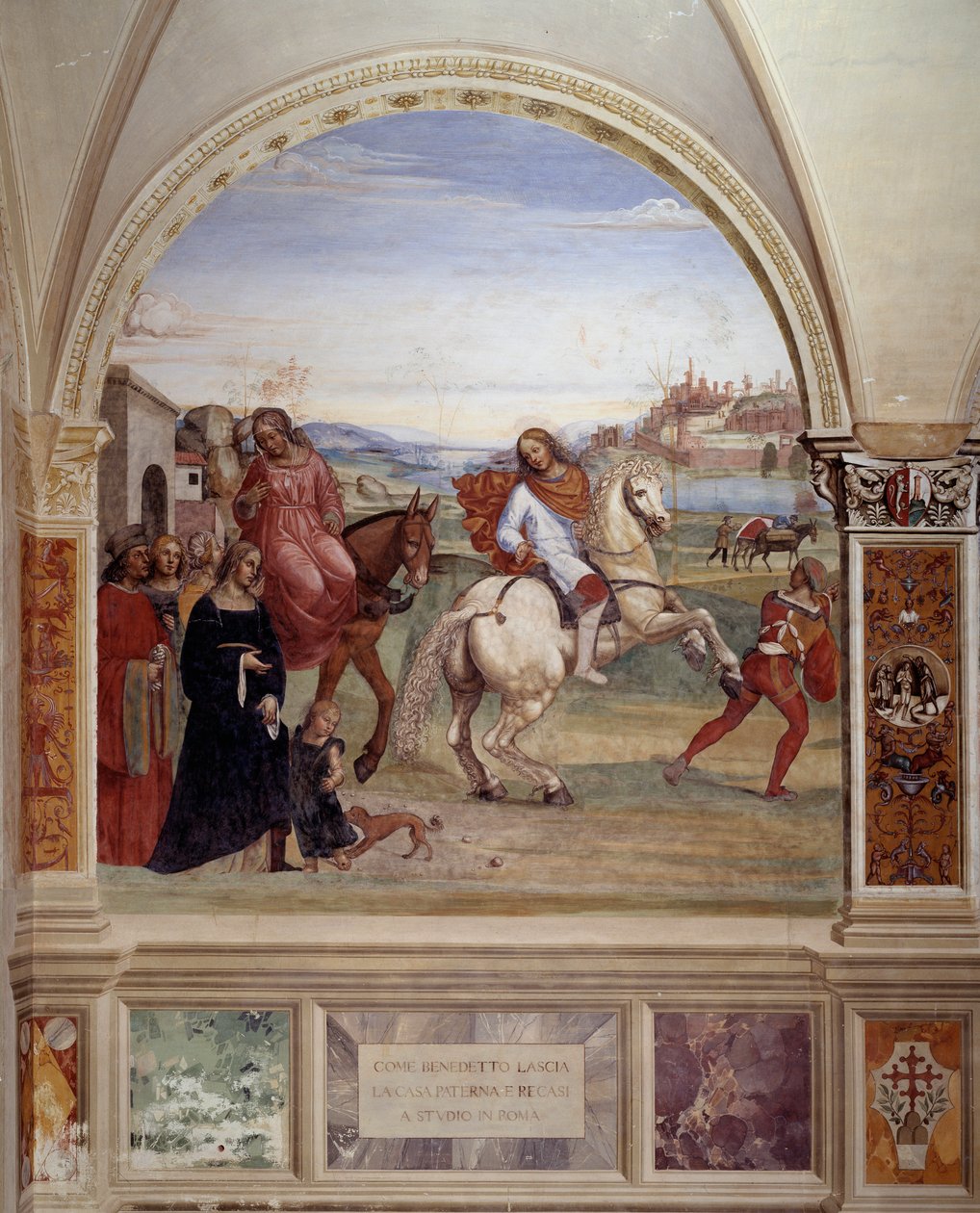"Hur Benedictus lämnade sin fars hus och gick till Rom för att studera" (Benedict lämnade sin fars hus och gick till Rom för att studera) Klosterfresk gjord av Antonio Bazzi dit il Sodoma (1477-1549) som berättar om den helige Benediktus av Nursias liv ( 4 av Giovanni Antonio Bazzi Sodoma