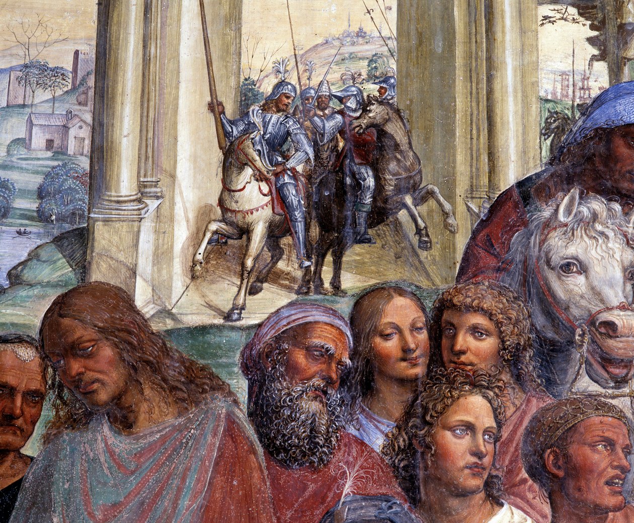 Hur Benedictus möter de unga romarna Maur och Placid (St. Benedictus möter de unga romanerna Maurus och Placid) Detalj av eskorten av unga män som lämnar Rom - Fresk av klädseln gjord av Antonio Bazzi dit il Sodoma (1477 - 1549) som berättar om livet för h av Giovanni Antonio Bazzi Sodoma