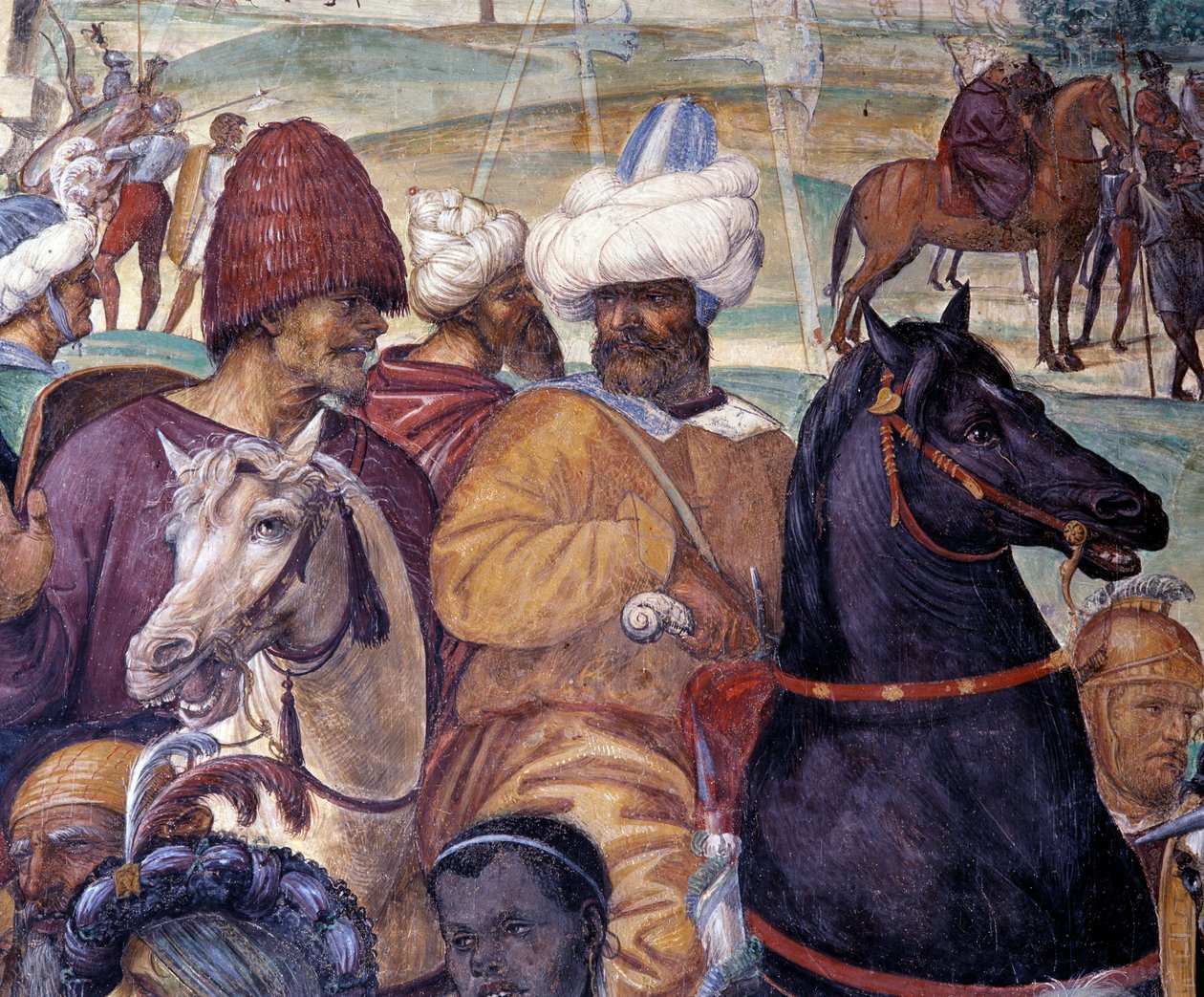 Hur Benedict förutsäger förstörelsen av Monte Cassino (St. Benedict förutsäger förstörelsen av Monte Cassino) Detalj - fresk av klostret gjord av Antonio Bazzi dit il Sodoma (1477 - 1549) som berättar om livet för den helige Benedikt av Nursie (480 - 567)  av Giovanni Antonio Bazzi Sodoma