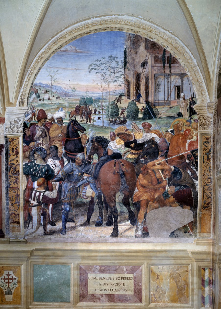 Hur Benedict förutsäger förstörelsen av Monte Cassino (St. Benedict förutsäger förstörelsen av Monte Cassino) Detalj - fresk av klostret gjord av Antonio Bazzi dit il Sodoma (1477 - 1549) som berättar om livet för den helige Benedikt av Nursie (480 - 567)  av Giovanni Antonio Bazzi Sodoma