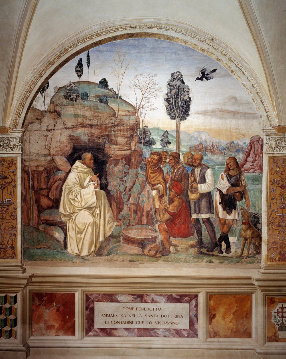 Hur Benedictus lär ut den heliga läran till bönderna som besöker honom (St. Benedictus lär ut den heliga läran till bonden som besöker honom) Fresk av klostret gjord av Antonio Bazzi dit il Sodoma (1477 - 1549) som berättar om den helige Benedikt av Nurs l av Giovanni Antonio Bazzi Sodoma