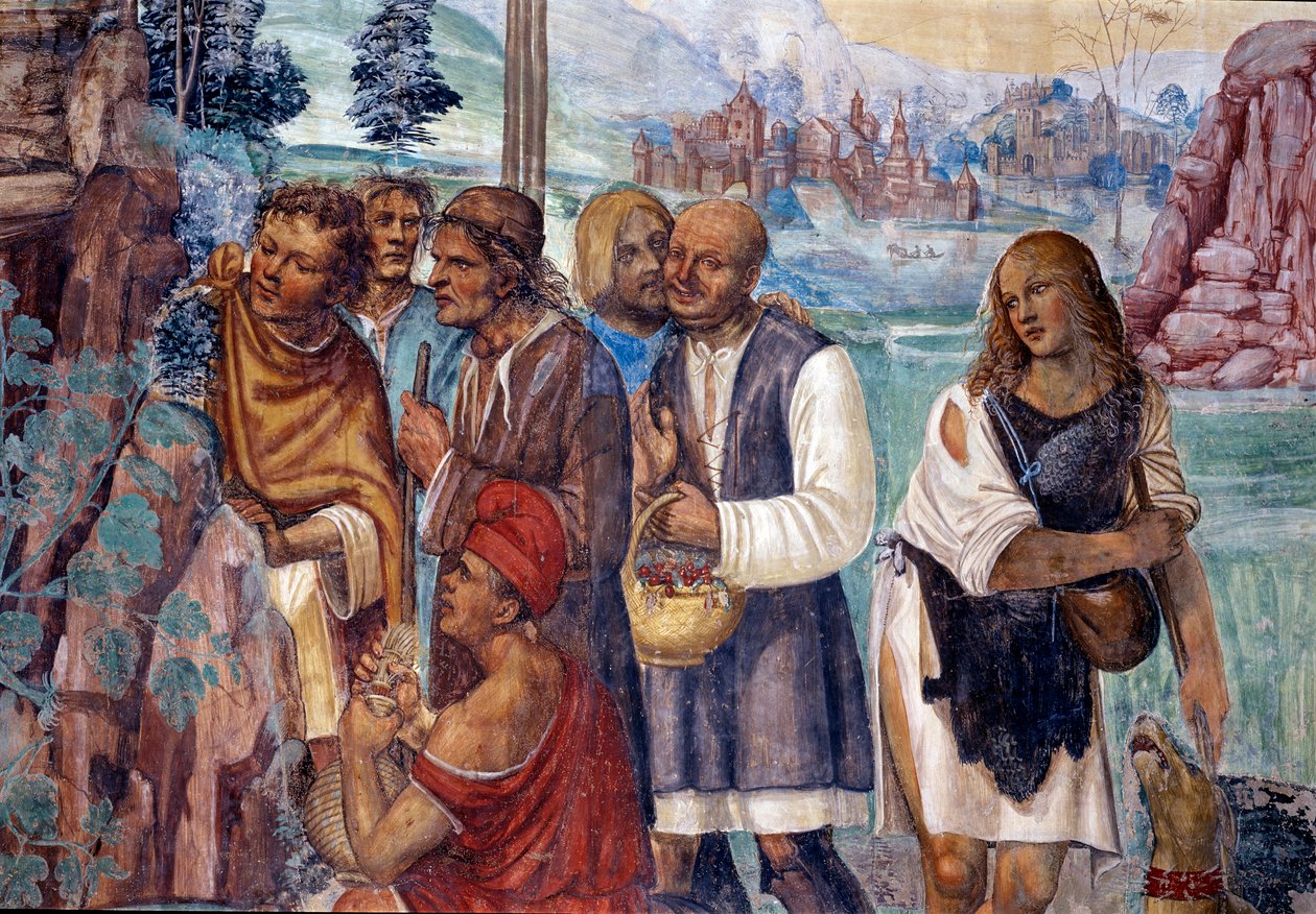 Hur Benedictus lär ut den heliga läran till bönderna som besöker honom. Detaljfresk av klostret realiserad av Antonio Bazzi dit il Sodoma (1477 - 1549) som berättar om livet för den helige Benediktus av Nursia (480 - 567) grundare av Benediktinerorden 1503 av Giovanni Antonio Bazzi Sodoma