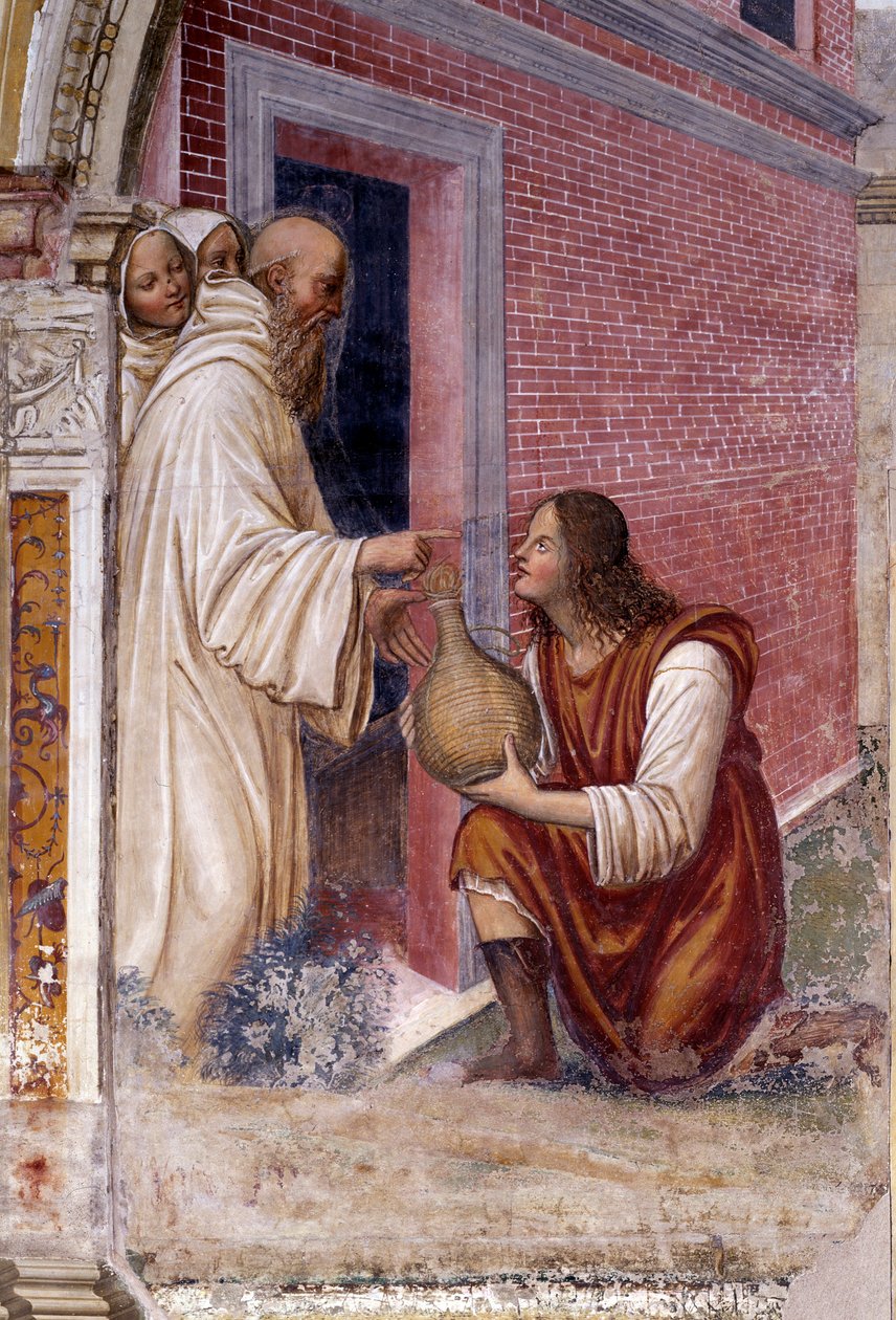 Hur Benedict förvandlas till en orm en flaska vin som en tjänare gömde för honom Detalj - fresk av klädseln gjord av Antonio Bazzi dit il Sodoma (1477 - 1549) som berättar om livet för Saint Benedict of Nursie (480 - 567) ordens grundare av Benediktiner 15 av Giovanni Antonio Bazzi Sodoma