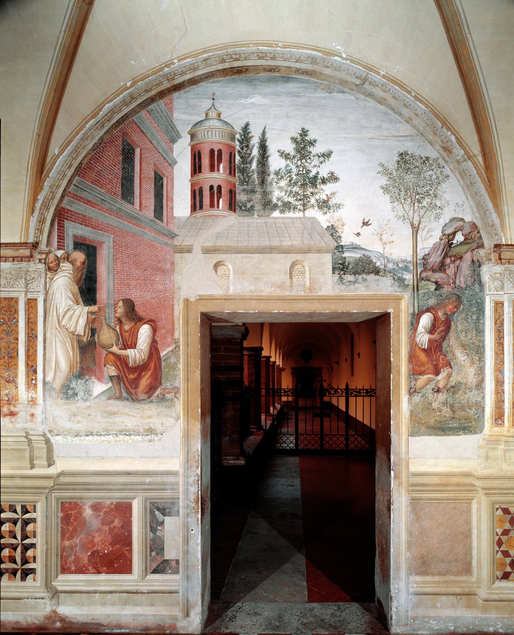 Hur Benedict förvandlas till en vinorm, gömde en tjänare för honom. Detalj - fresk av klädseln gjord av Antonio Bazzi dit il Sodoma (1477 - 1549) som berättar om livet för Saint Benedict of Nursie (480 - 567) grundare av Benediktinerorden 1503 - 1508 Abbey av Giovanni Antonio Bazzi Sodoma