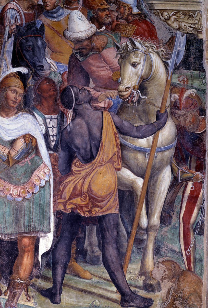 Hur Benoit möter de två unga romarna Maur och Placide (den helige Benedictus möter de unga romanerna Maurus och Placid) Detalj av unga mäns eskort - Fresk av klädseln gjord av Antonio Bazzi dit il Sodoma (1477 - 1549) som berättar om Saints liv Benedictus av Giovanni Antonio Bazzi Sodoma