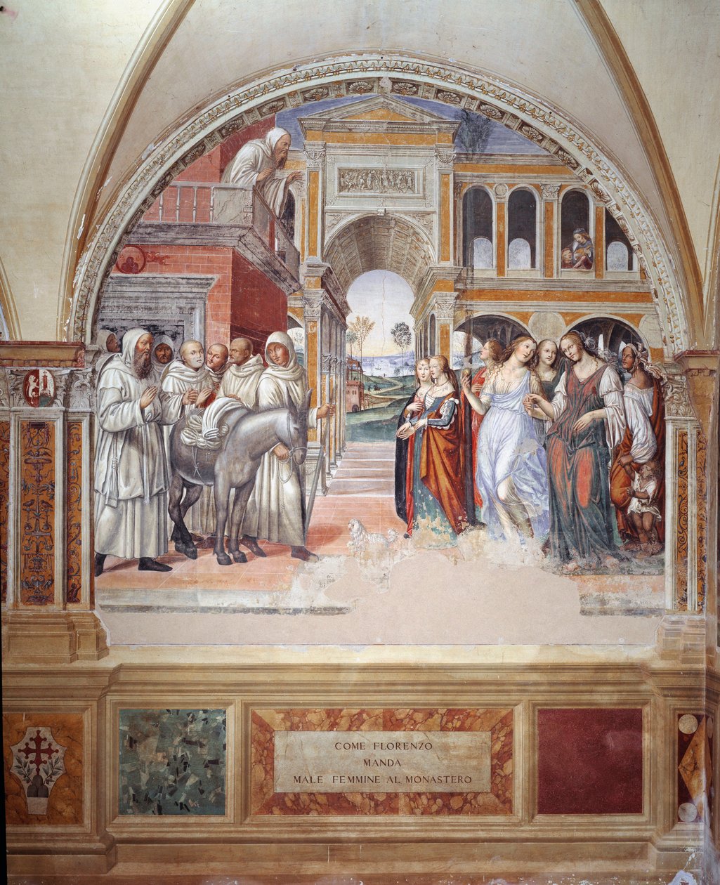 Hur Fiorenzo skickar prostituerade till klostret (Hur Fiorenzo skickar prostituerade i klostret) - fresk av klostret gjord av Antonio Bazzi dit il Sodoma (1477 - 1549) som berättar om livet för Sankt Benedictus av Nursia (480 - 567) grundaren av orden av av Giovanni Antonio Bazzi Sodoma