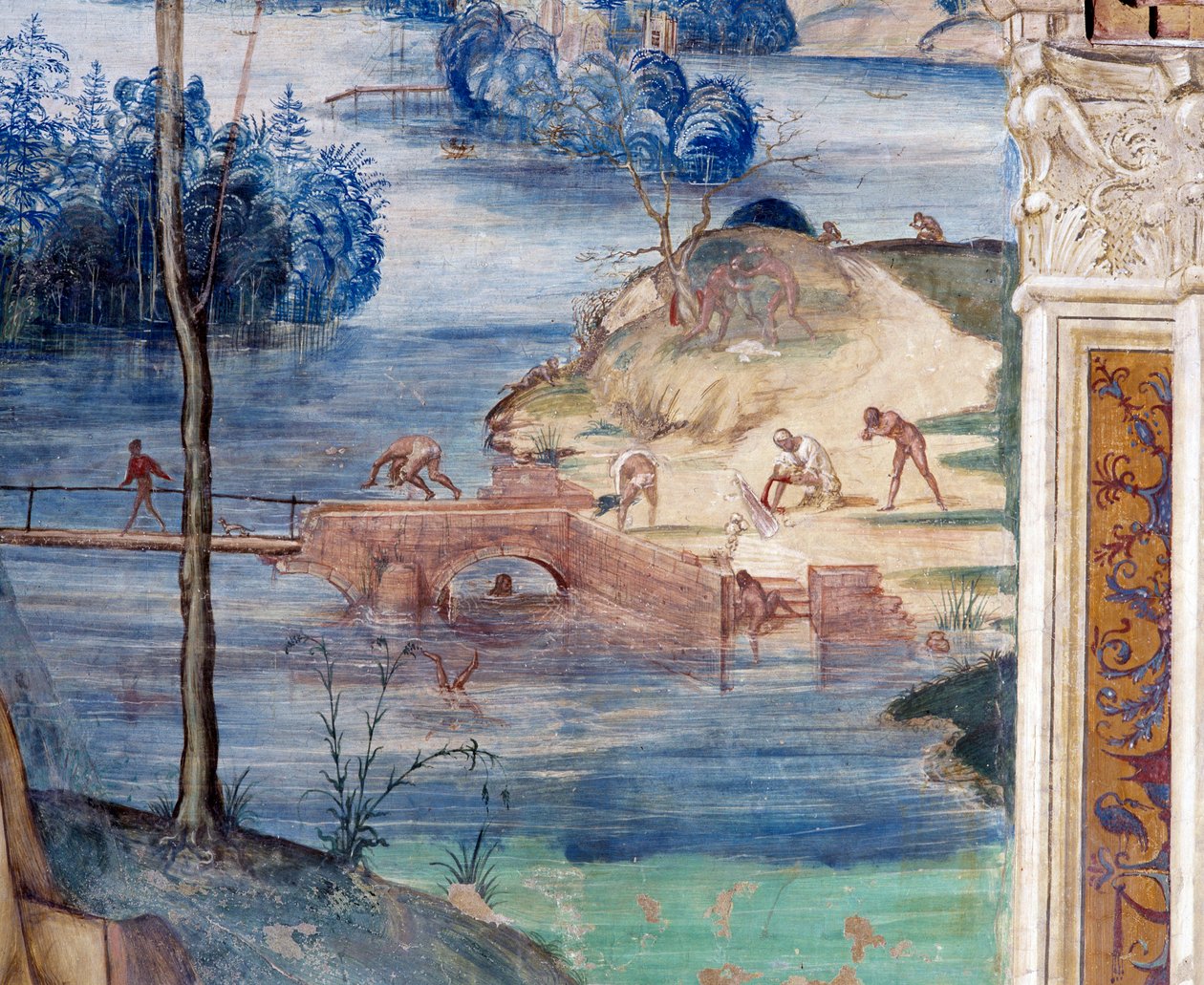 Hur Saint Maur går på vattnet för att rädda Placid (Maurus går på vattnet för att rädda Placid) - Detalj Fresk av klostret gjord av Antonio Bazzi dit il Sodoma (1477-1549) som berättar om livet för Saint Benedict of Nursie (480 - 567) ) Ordens grundare av Giovanni Antonio Bazzi Sodoma