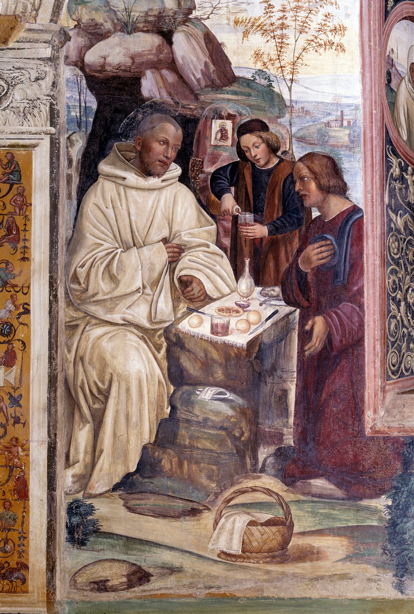 Hur en präst kom med mat till Benedikt på påsk (en präst kom med mat till Benedikt på påsk) Detalj - Klosterfresk gjord av Antonio Bazzi dit il Sodoma (1477 - 1549) som berättar om livet för den helige Benedikt av Nursia (480 - 567) grundare av Orden av Be av Giovanni Antonio Bazzi Sodoma