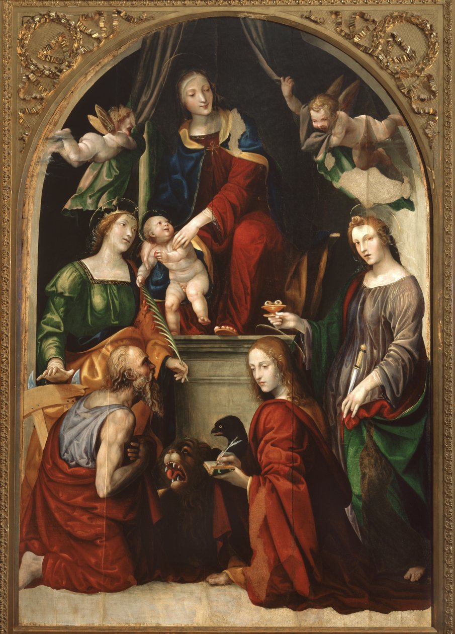 Madonna och barn och änglar bland de heliga Jerome, Katarina av Alexandria, Lucy och evangelisten Johannes, ca 1513 av Giovanni Antonio Bazzi Sodoma