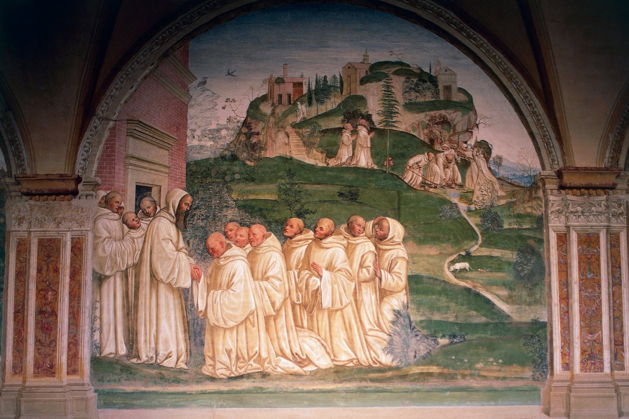 Sankt Benedictus bönfaller av munkar, producerar vatten från toppen av berget, scen från Berättelser om Sankt Benedikt av Monte Oliveto Maggiore av Giovanni Antonio Bazzi Sodoma