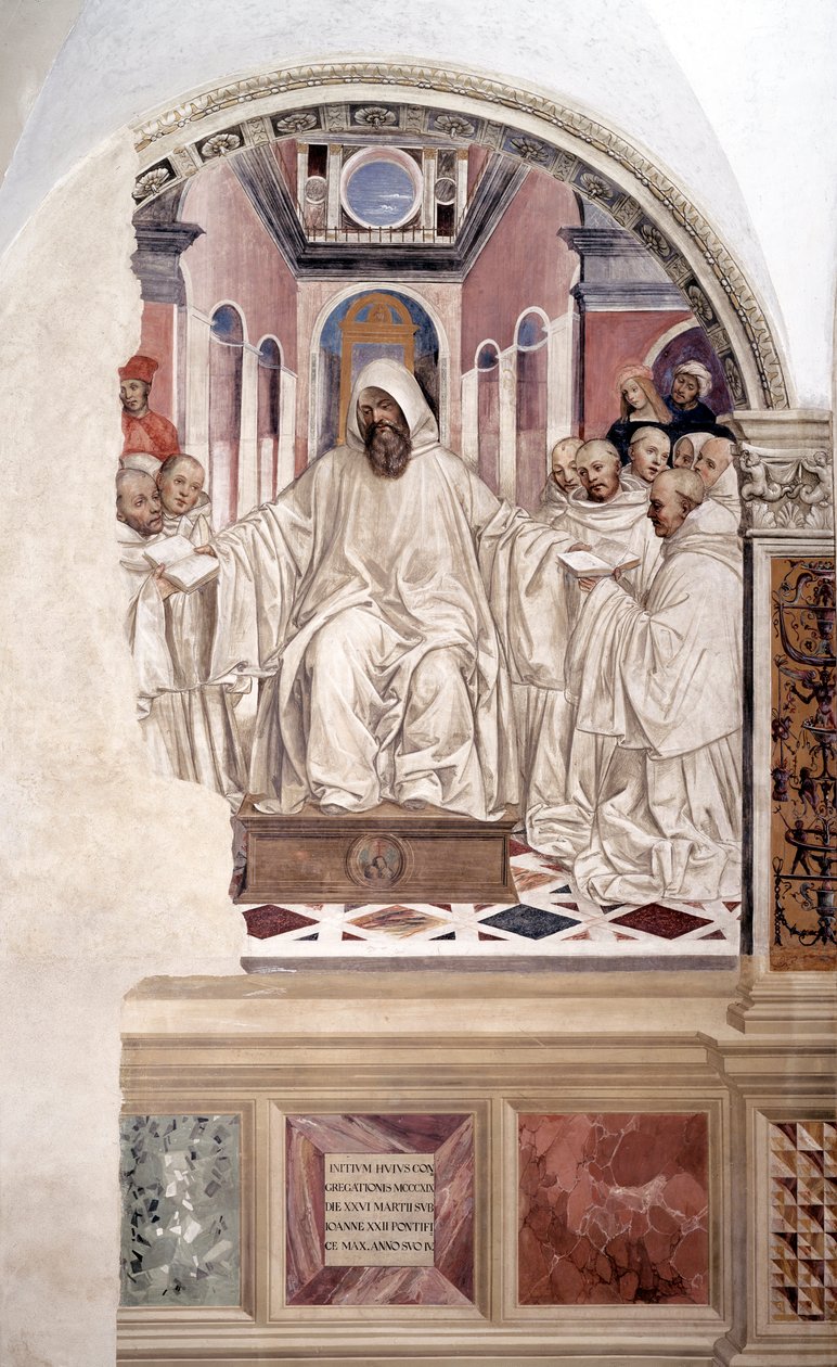Sankt Benedictus ger munkarna regeln (Benedikt ger munkarna regeln) fresk av klostret gjord av Antonio Bazzi dit il Sodoma (1477 - 1549) som berättar om livet för Sankt Benedikt av Nursie (480 - 567), grundaren av orden av Benediktiner 1503 av Giovanni Antonio Bazzi Sodoma