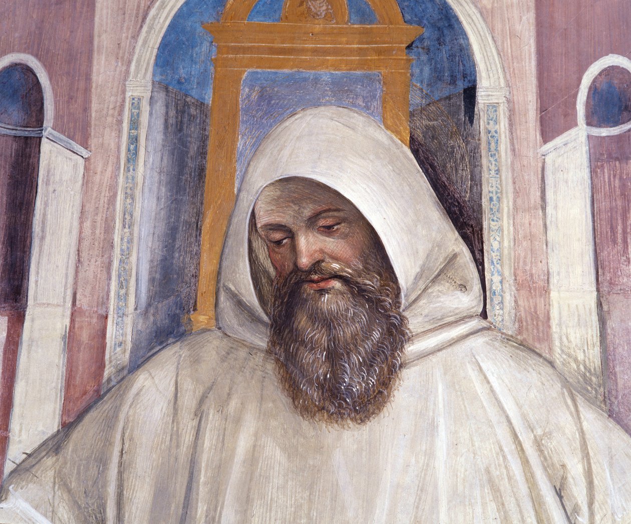 Saint Benedict ger regeln till olivetanimunkarna. Detaljfresk av klädseln gjord av Antonio Bazzi dit il Sodoma (1477 - 1549) som berättar om livet för Saint Benedict of Nursie (480 - 567) grundare av Benediktinerorden 1503 - 1508 Abbey of Monte O av Giovanni Antonio Bazzi Sodoma